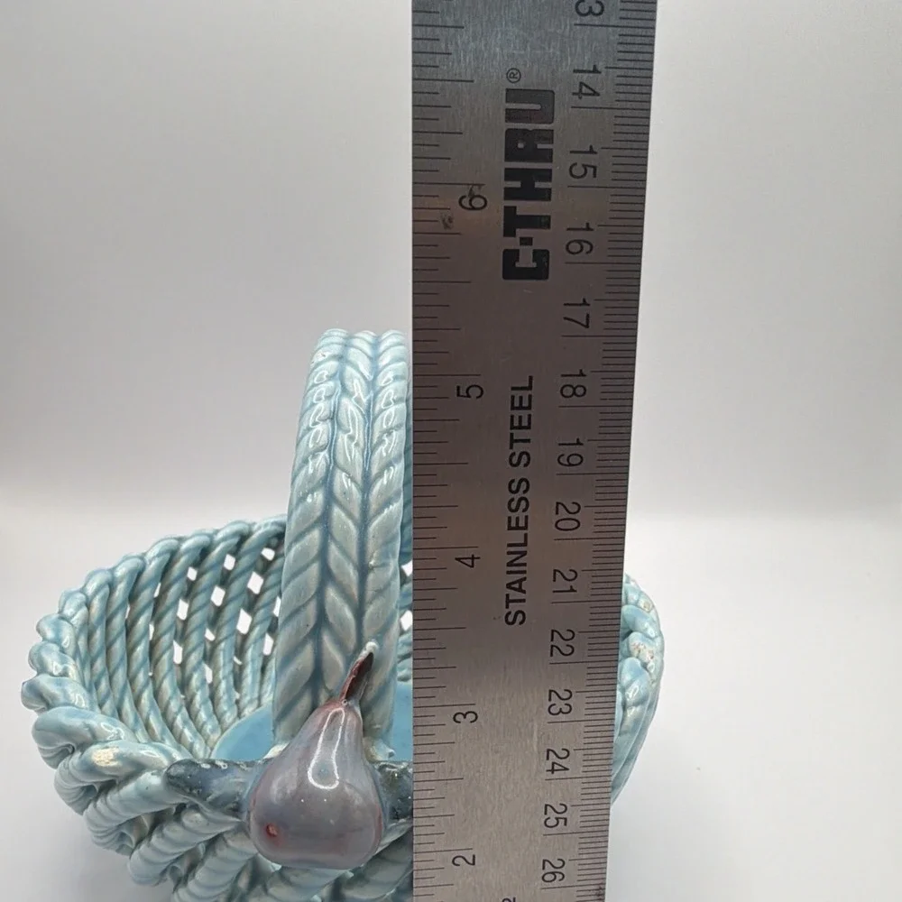 Vtg Spain Woven Ceramic Basket Aqua Blue Applied Fruit Floral Accents